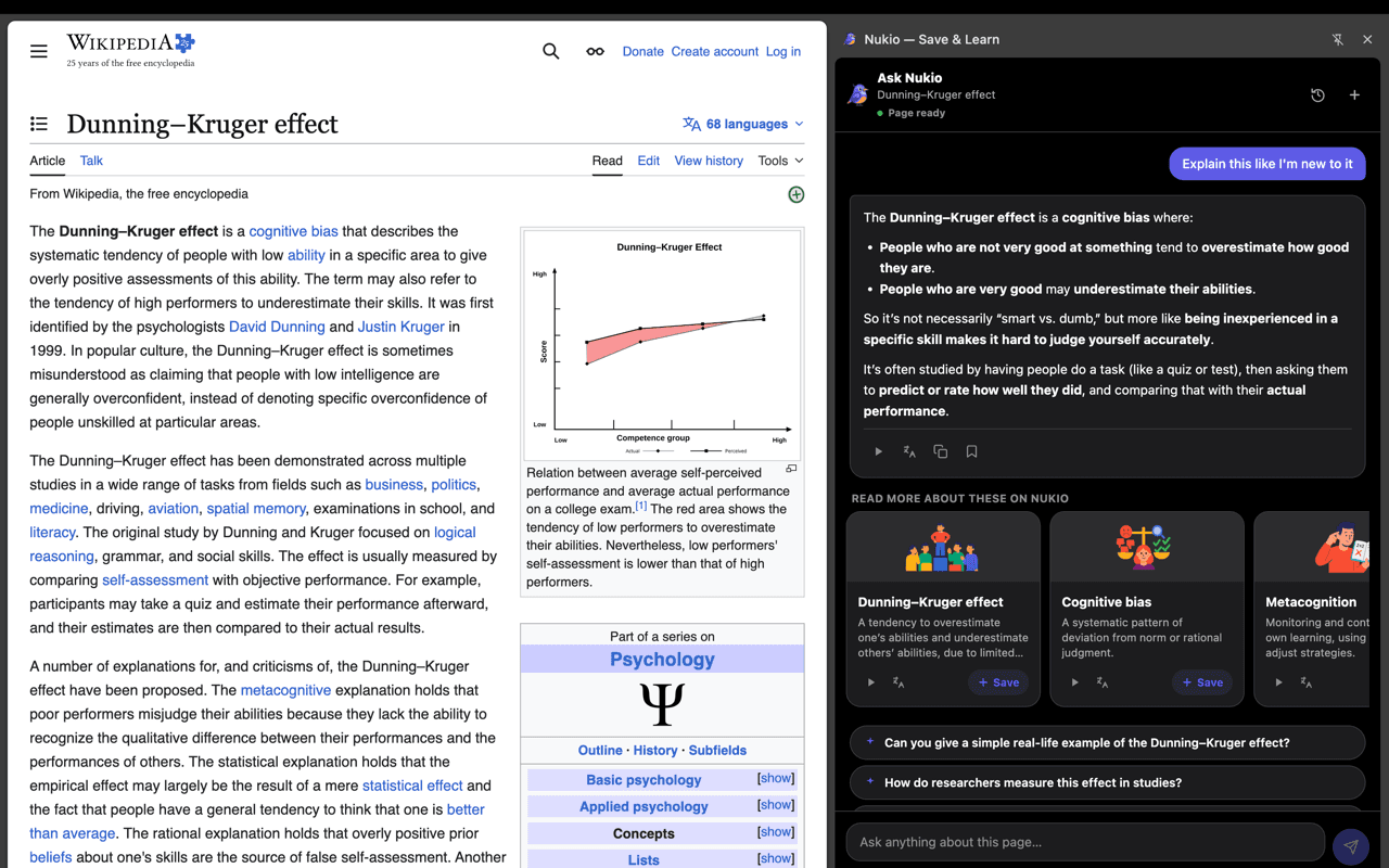 Nukio Chrome extension side panel on an article page