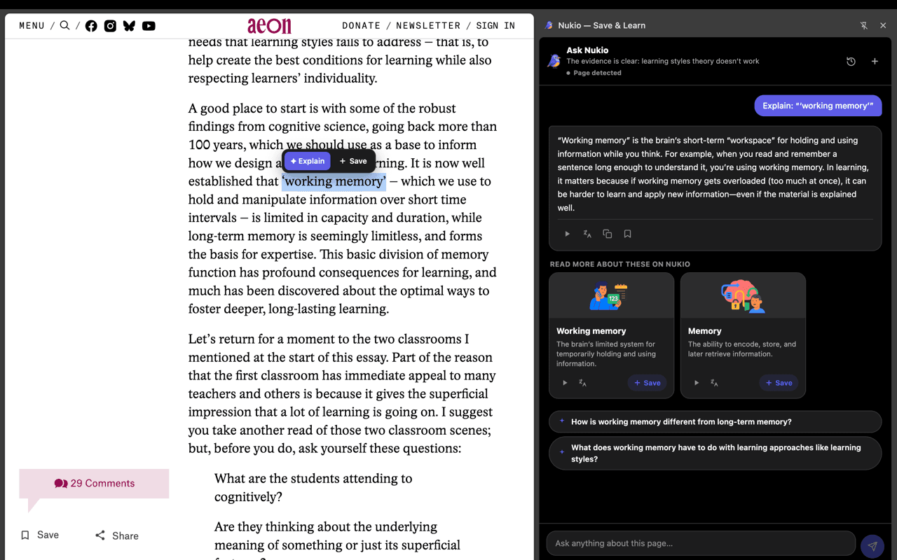 Nukio Chrome extension explaining selected text