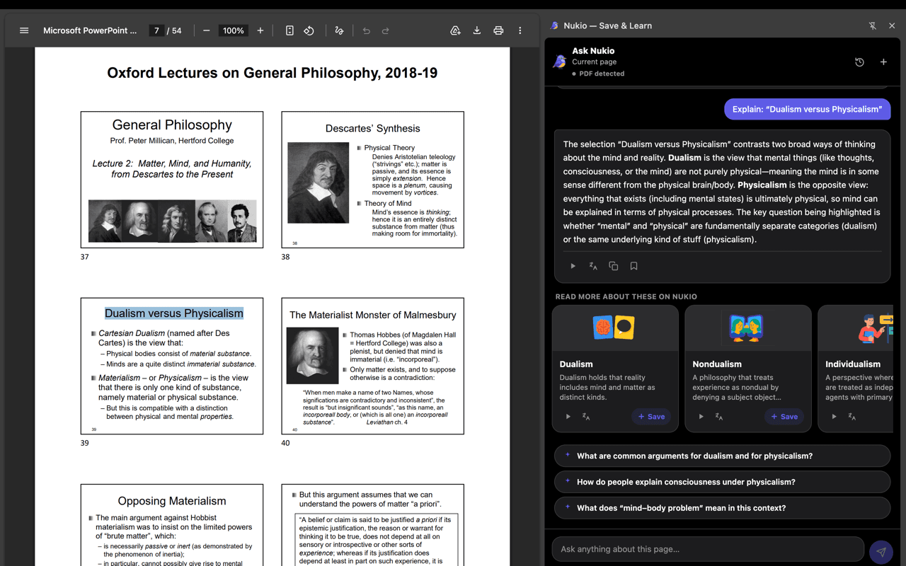 Nukio Chrome extension answering a question about a PDF