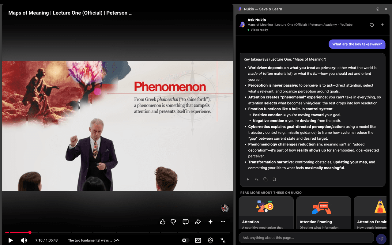 Nukio Chrome extension showing key takeaways from a video