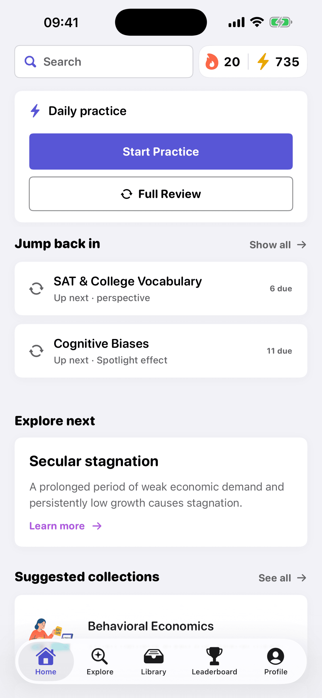 Nukio home screen showing daily practice and collections